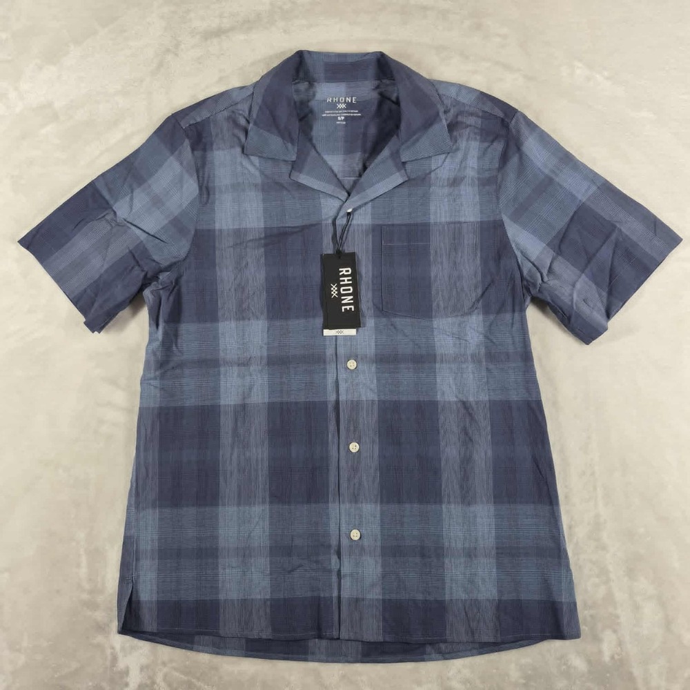 Rhone Camp Shirt Men's Small Blue Plaid‎ Lightweight Casual Short Sleeve NWT
